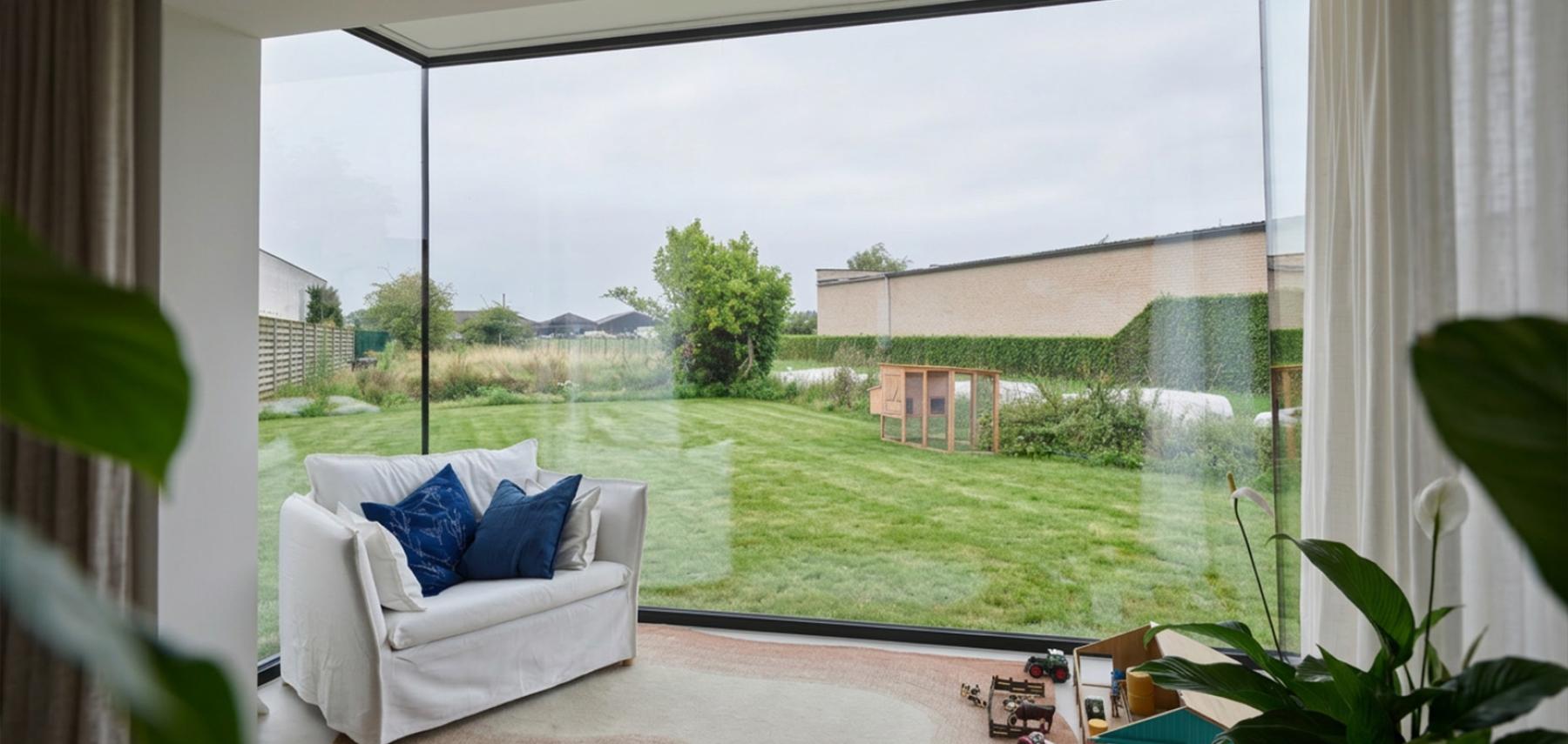 Glas op glas hoekramen met zicht op de tuin
